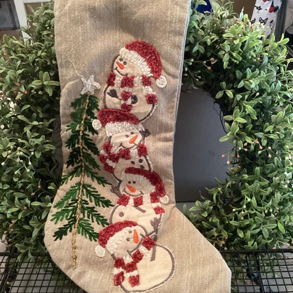 NICOLE MILLER Joyful Snowmen CHRISTMAS STOCKING Embroidered Tree Sparkle - Picture 1 of 2